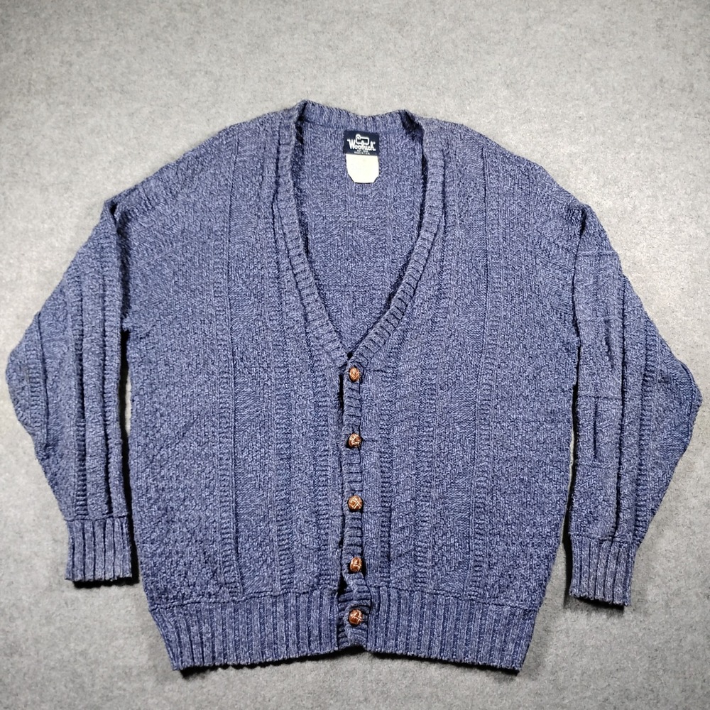 Vintage Woolrich Cardigan Sweater Men XL Blue Indigo Knit Cotton Blend Button Up